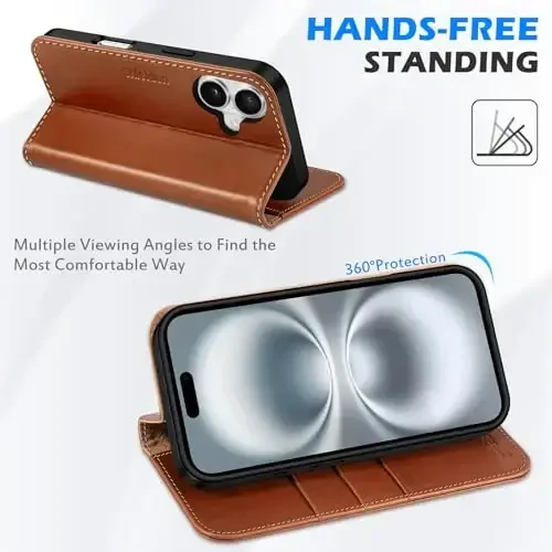 SHIELDON iPhone 16 Plus 5G uchun g‘ilof, haqiqiy charm hamyon buklama magnit qopqoq RFID blokirovka kartasi ushlagichi tayanchga ega tushishdan himoya qiluvchi telefon g‘ilofi iPhone 16 Plus 6.7