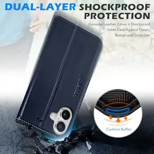 SHIELDON Wallet Case for iPhone 16 5G 2024, Genuine Leather Folio Book Magnetic Closure RFID Blocking Card Slots Kickstand Full Protection Case Compatible with iPhone 16 6.1