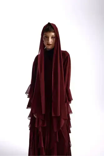 Shifon Abaya Volan Detalli Bordo Şal-bordo - 2