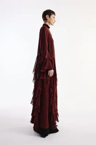 Shifon Abaya Volan Detalli Bordo Şal-bordo - 3
