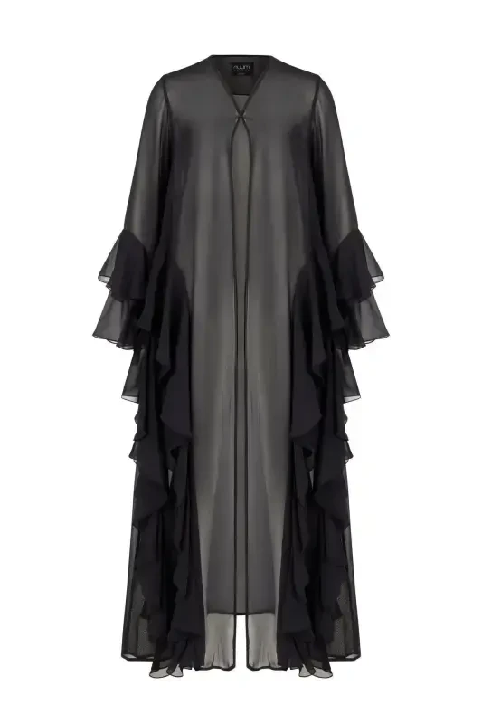 Shifon Abaya Volan Tafsilotli Qora + Shol-Qora - 4