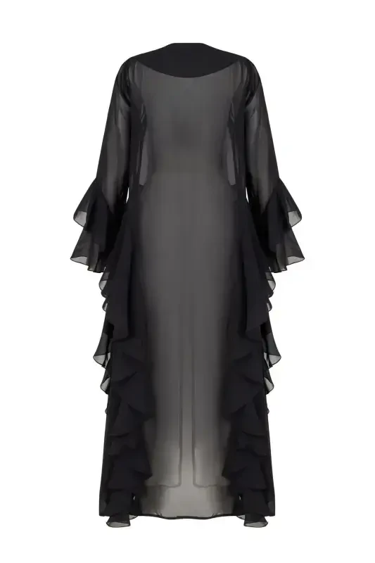 Shifon Abaya Volan Tafsilotli Qora + Shol-Qora - 5