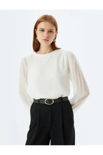 Shifon Bluz Dumaloq Yoqali Uzun Plitali To'lli Yengli-Ekr - 1