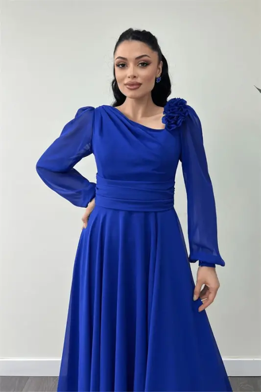 Shifon Gazlama Gul Tafsilotli Midi Bo'yli Ko'ylak - SAKS KO'K - 4