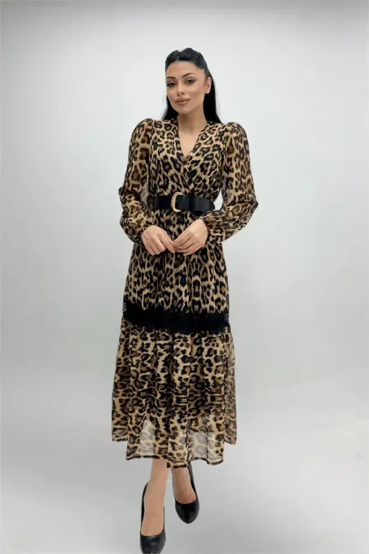 Shifon Gazlama Leopard Naqshli Midi Ko'ylak - LEOPAR - 2