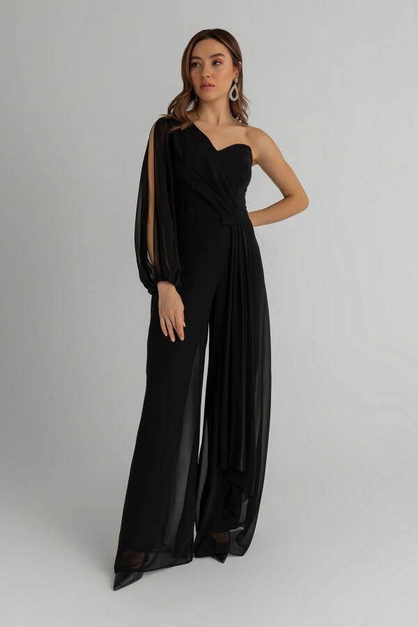 Shifon Kamar detallari bilan ko'krak qafasi to'ldirilgan draperli keng palto - 1