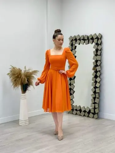 Shifon Krep Mato Kvadrat Yoqali Midi Ko'ylak - TURUNCU - 6