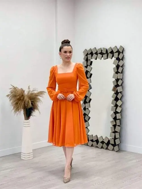 Shifon Krep Mato Kvadrat Yoqali Midi Ko'ylak - TURUNCU - 7
