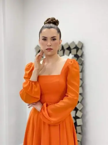 Shifon Krep Mato Kvadrat Yoqali Midi Ko'ylak - TURUNCU - 8