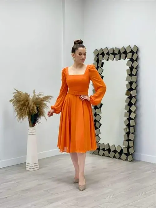 Shifon Krep Mato Kvadrat Yoqali Midi Ko'ylak - TURUNCU - BÜYÜKBEDENIZ