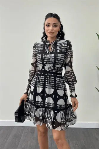 Shifon Mato Bel Qismi Rezinkali Mini Ko'ylak - QORA - 3