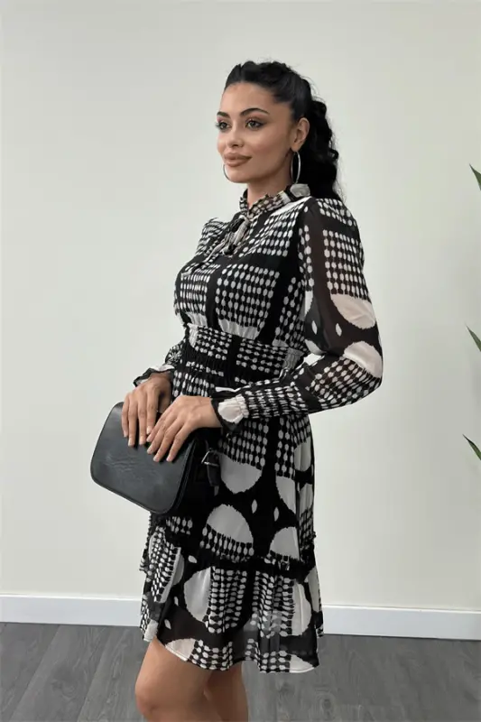 Shifon Mato Bel Qismi Rezinkali Mini Ko'ylak - QORA - 4