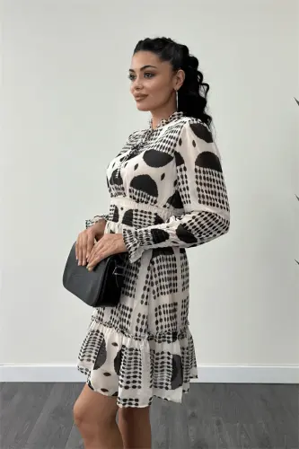 Shifon Mato Belli Rezina Tafsilotli Mini Ko'ylak - KREM - 4