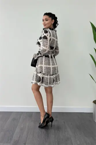 Shifon Mato Belli Rezina Tafsilotli Mini Ko'ylak - KREM - 5