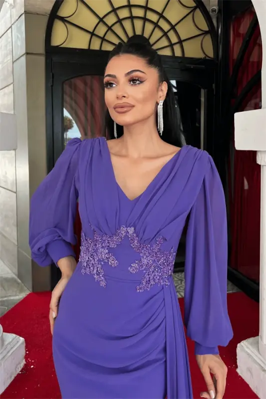 Shifon Mato Biserlar Bilan Ishlangan Shol Tafsilotli Kechki Libos - Binafsha - 4