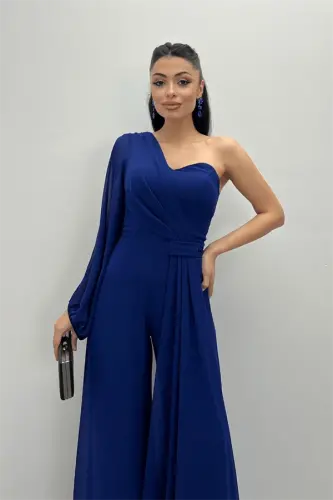 Shifon Mato Bitta Yengli Tafsilotli Kombinezon - SAKS KO'K - 3