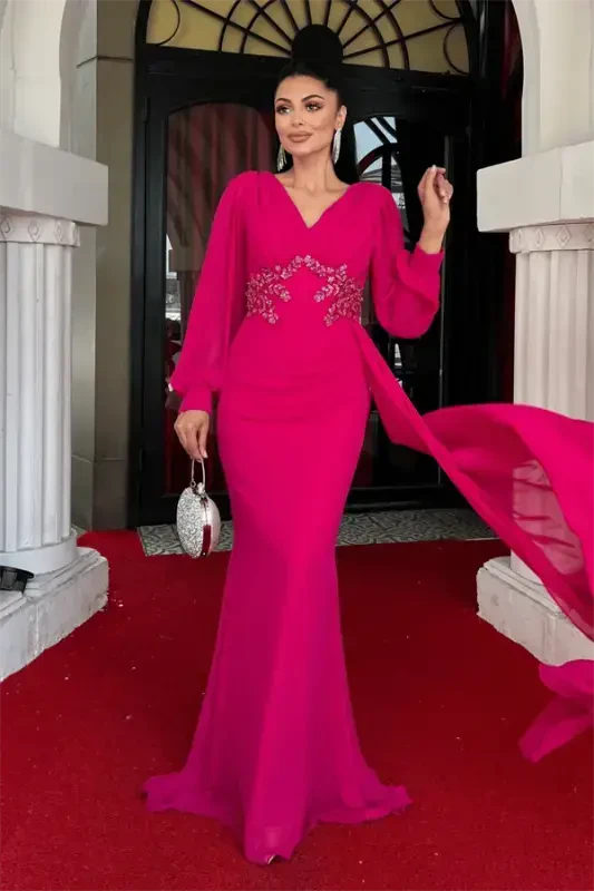 Shifon Mato Boncuk Ishlamali Shol Tafsilotli Abiye Ko'ylak - FUCHSIA - 6