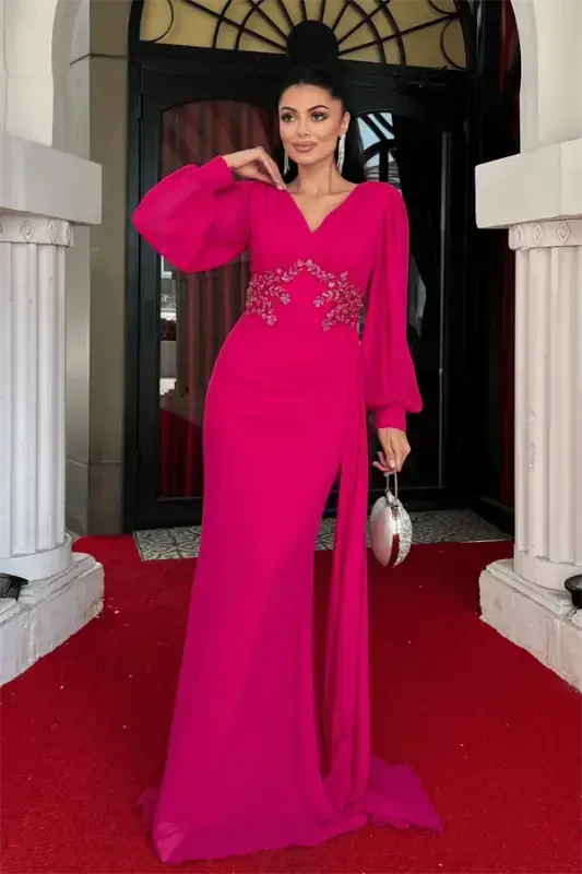 Shifon Mato Boncuk Ishlamali Shol Tafsilotli Abiye Ko'ylak - FUCHSIA - 1