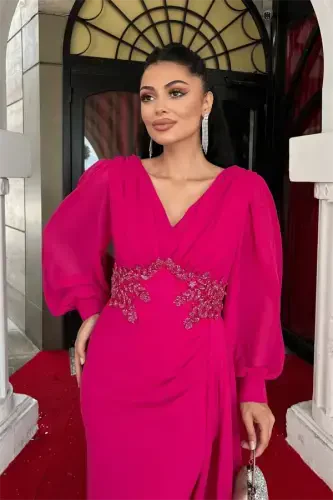 Shifon Mato Boncuk Ishlamali Shol Tafsilotli Abiye Ko'ylak - FUCHSIA - 4