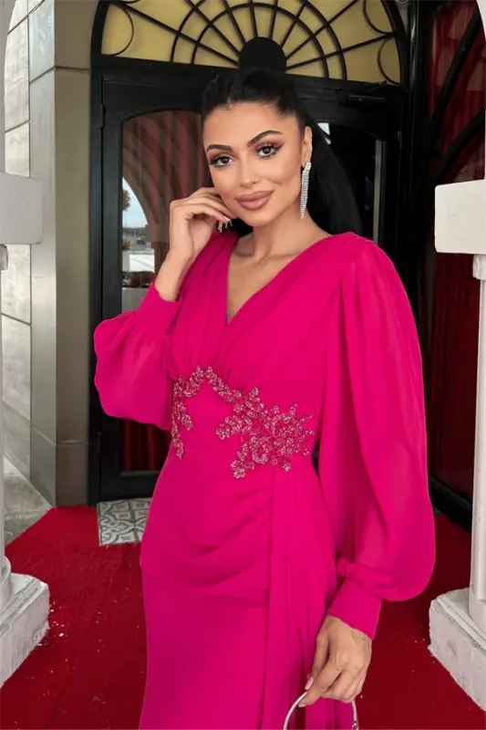 Shifon Mato Boncuk Ishlamali Shol Tafsilotli Abiye Ko'ylak - FUCHSIA - 3
