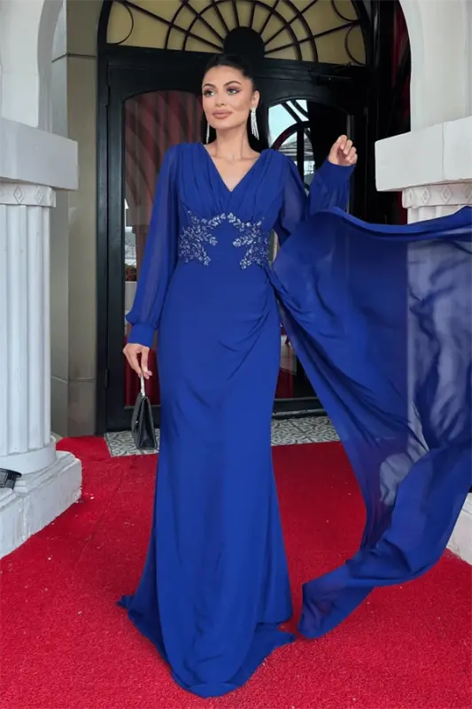Shifon Mato Boncuklar Bilan Ishlangan Ro'mol Tafsilotli Kechki Libos - SAKS KO'K - 2