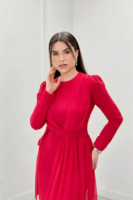 Shifon mato kaput tafsilotli kechki libos - QIZIL - 5