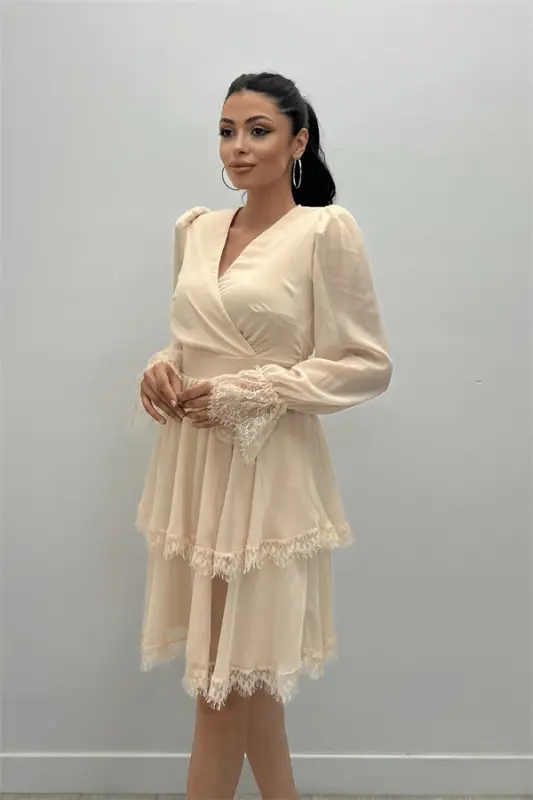 Shifon Mato Kesishgan Yoqali Mini Ko'ylak - KREM - 4