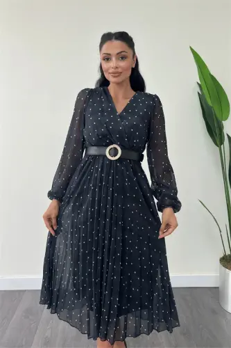 Shifon mato Kesma yoqali nuqta detallari bilan ko'ylak - QORA - 3