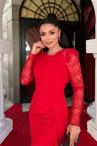 Shifon mato pulli payetli dizayn qalam ko'ylak - QIZIL - 4