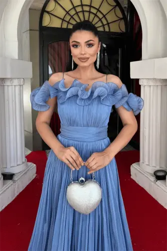 Shifon Mato Volan Detalli Midi Ko'ylak - INDIGO KO'K - 3