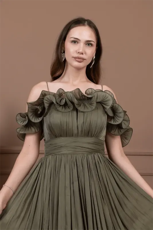 Shifon mato volan detalli midi ko'ylak - XAKI YASHIL - 3