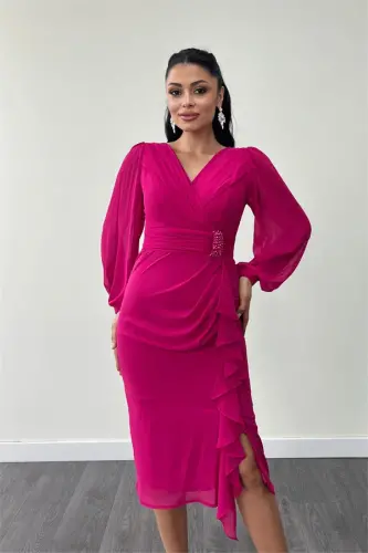 Shifon Mato Volan Detalli Qalam Ko'ylak - FUCHSIA - 3