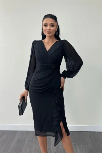 Shifon Mato Volan Tafsilotli Qalam Ko'ylak - QORA - 3