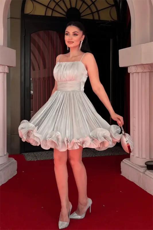 Shifon matodan burmali detallari bor yengsiz mini ko'ylak - YALPIZ Yashil - 2