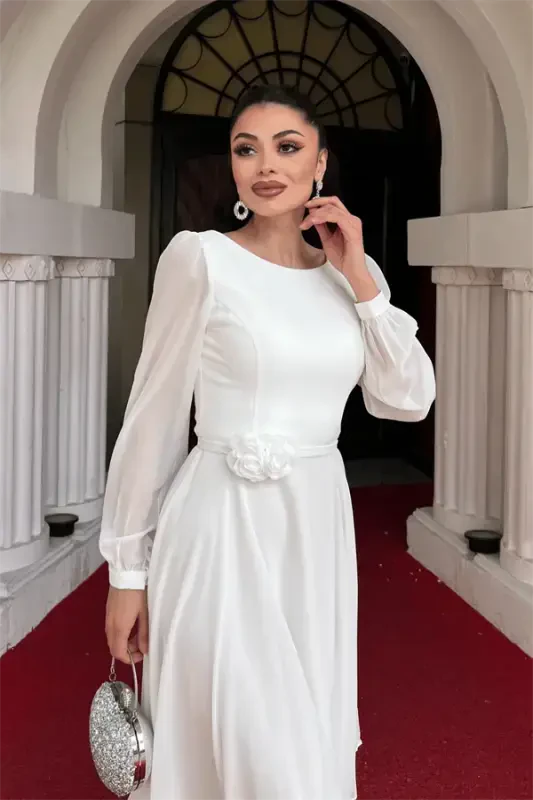 Shifon matodan gul detalli midi ko'ylak - OQ - 4