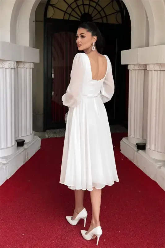 Shifon matodan gul detalli midi ko'ylak - OQ - 5