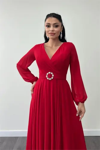 Shifon matodan ishlangan, kamarli midi ko'ylak - QIZIL - 3