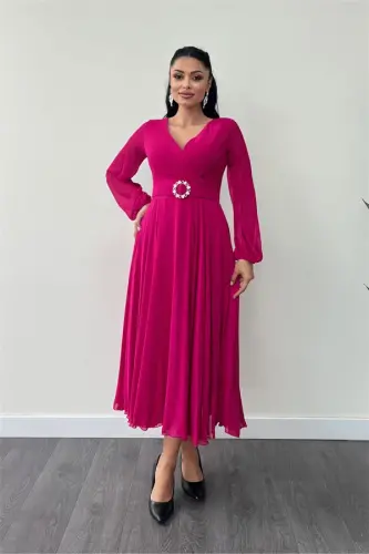 Shifon matodan kamar detalli midi ko'ylak - FUCHSIA - 1