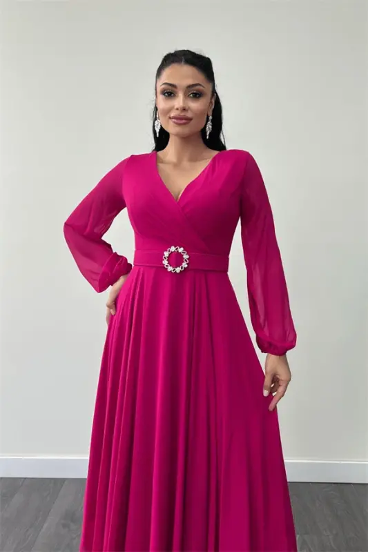 Shifon matodan kamar detalli midi ko'ylak - FUCHSIA - 3