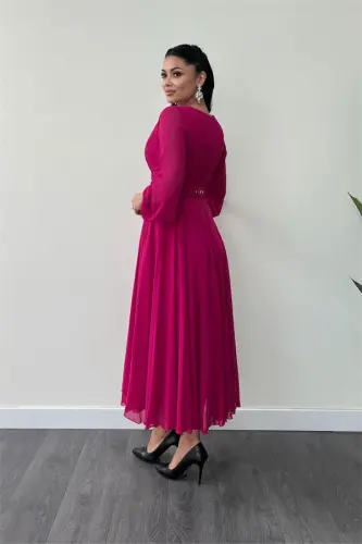 Shifon matodan kamar detalli midi ko'ylak - FUCHSIA - 5
