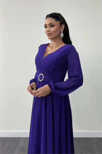 Shifon Matodan Kamar Tafsilotli Midi Ko'ylak - Binafsha - 4