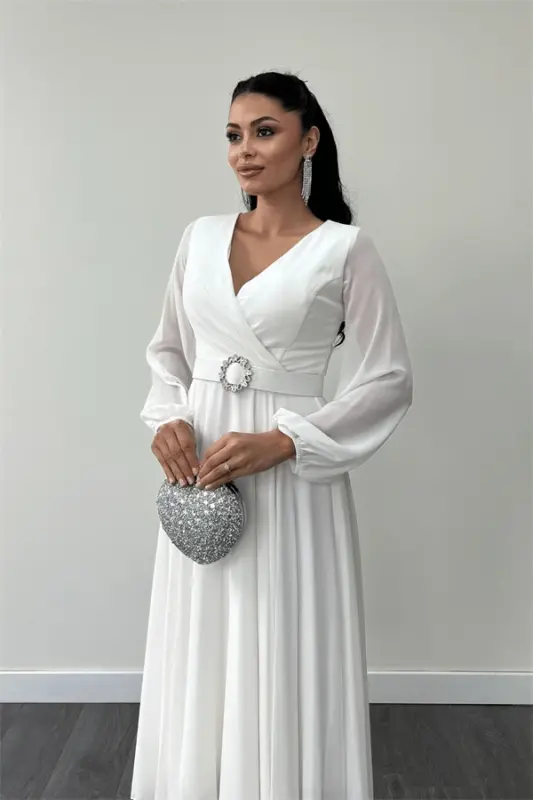 Shifon Matodan Kamar Tafsilotli Midi Ko'ylak - OQ - 4