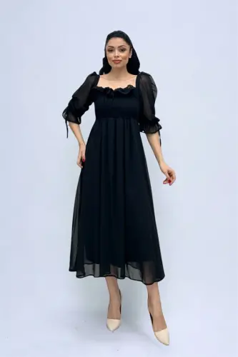 Shifon matodan ko'krak qismini burmali midi ko'ylak - QORA - 2