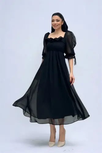 Shifon matodan ko'krak qismini burmali midi ko'ylak - QORA - 4