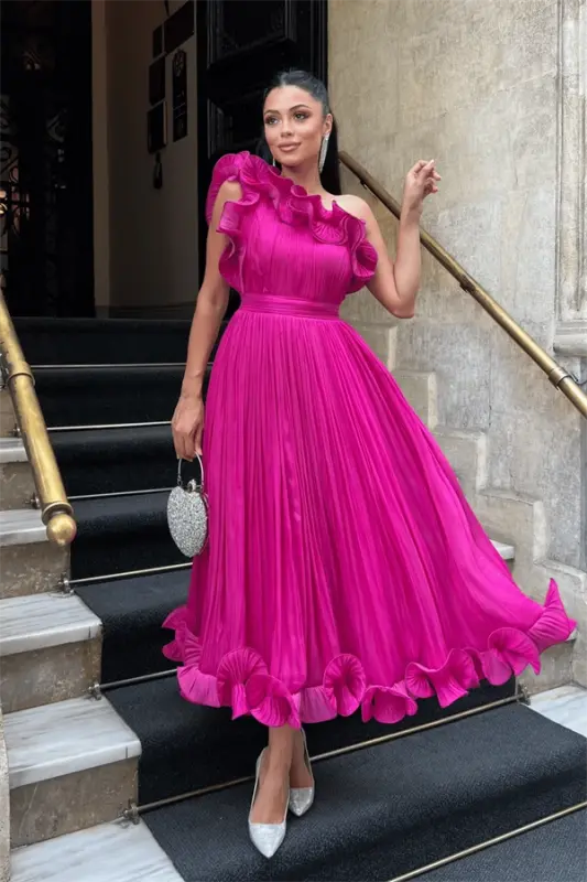 Shifon matoli bir yengli kechki libos - FUCHSIYA - 2