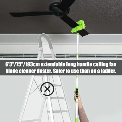 Shift Shift Fan Cleaner Duster, 75 dyuymli uzaytma ustuni bilan, Shift Shift fan pichoqlari uchun moslashuvchan fan dastasi, Yuqori Shift Shift fani uchun qayta ishlatiladigan tozalash vositasi, Tor joylar uchun ingichka dasta - 5
