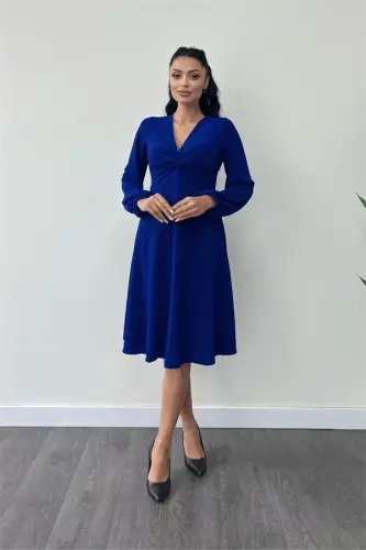 Shimmer Crepe Fabric Ruche Detailed Midi Dress - SAXE BLUE - 1