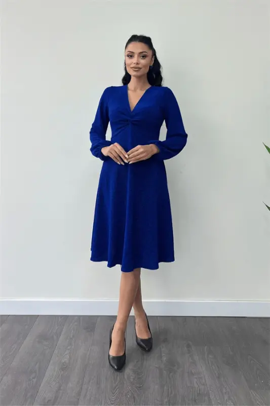 Shimmer Crepe Fabric Ruche Detailed Midi Dress - SAXE BLUE - 1