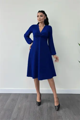 Shimmer Crepe Fabric Ruche Detailed Midi Dress - SAXE BLUE - BÜYÜKBEDENIZ (1)
