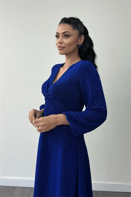 Shimmer Crepe Fabric Ruche Detailed Midi Dress - SAXE BLUE - 4